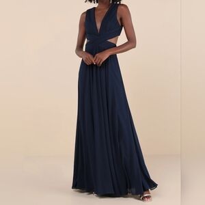 Lulus Women's Vivid Imagination Navy Blue Pleated Chiffon Cutout Maxi Dress, MED